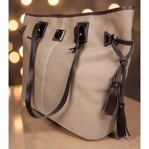 Dooney Bourke Canvas Leather Tote Bag Beige Brown Tassel USA